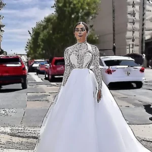 Artistic representation for Olivia Culpo slams haters over demure wedding dress controversy. **Please provide a few title options that you think would work well for this article.**